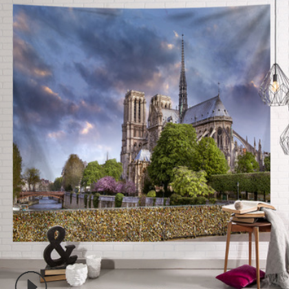 厂家直销巴黎圣母院图案家居挂毯数码印花涤纶欧美街头背景布拍照