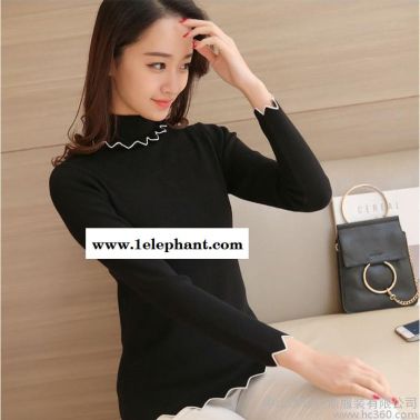 秋冬新款韩版短款紧身针织衫长袖套头荷叶高领毛衣女修身打底衫厚