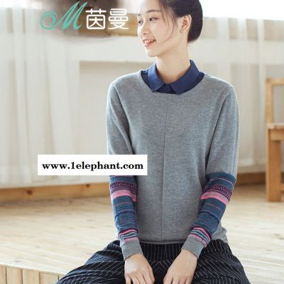 茵曼 2016秋装新款简约民族提花长袖套头毛衣女直筒时尚图2