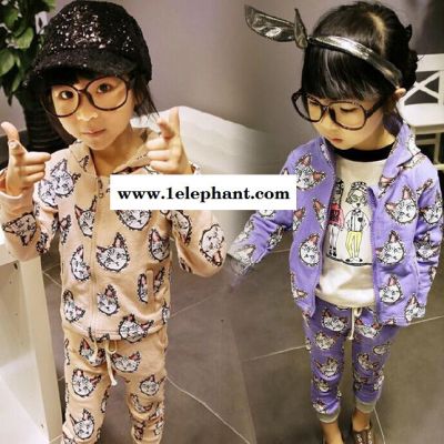 2014 韩国新款李小璐同款moew猫咪图案长袖套装女童童装