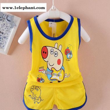 童套装2017夏款男童背心套装 韩版潮流小童卡通印花无袖套装