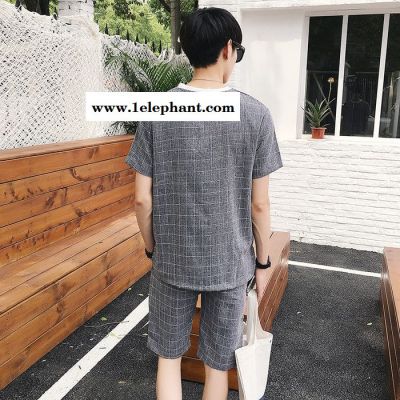 公狼服饰夏款韩版宽松时尚短袖套装格子运动短裤T恤套装男装潮款图2