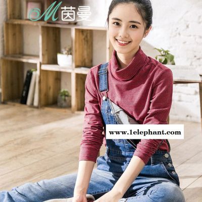 茵曼慢生活2016秋装棉质条纹套头高领打底长袖针织衫女长袖套头潮图3