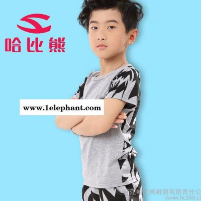 哈比熊2015新款男童夏装短袖套装韩版儿童衫短裤两件套休闲运图2