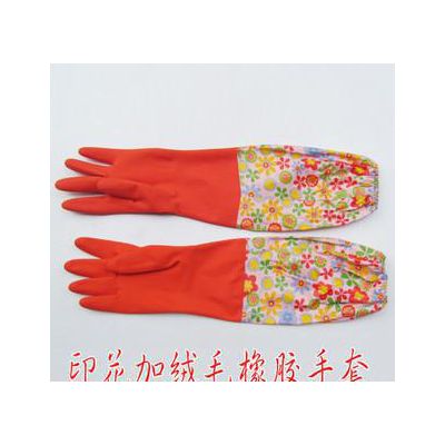 印花加长加厚加绒双层内棉绒里带袖套 连袖橡胶手套 洗衣洗碗图2