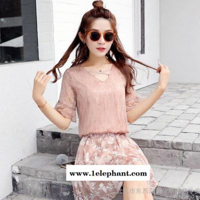 2016新款女装两件套韩版时尚短袖套裙V领中长款连衣裙女裙套图2