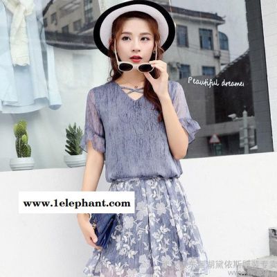 2016新款女装两件套韩版时尚短袖套裙V领中长款连衣裙女裙套图3