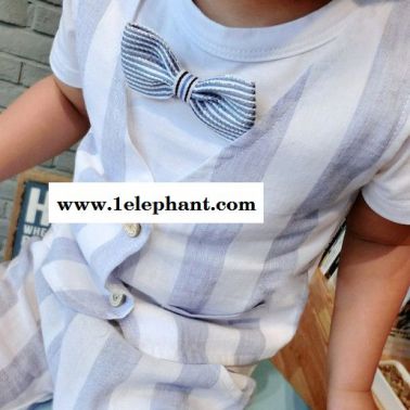 15韩版童套装夏季 男童马甲假两件领结 纯棉短袖套装潮品**