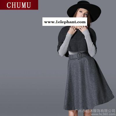 **袖斗篷三件套2015女装新款时尚收腰针织毛衣长袖套装连衣图2