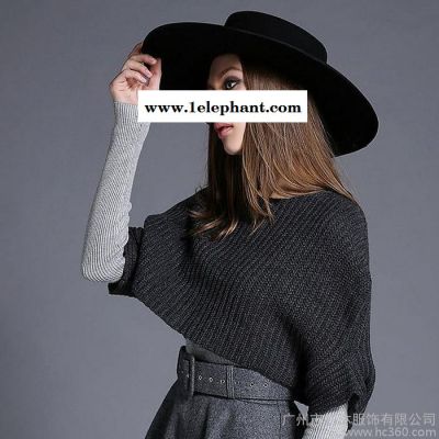 **袖斗篷三件套2015女装新款时尚收腰针织毛衣长袖套装连衣图3