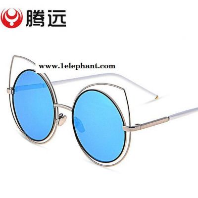 新款时尚彩膜太阳镜 潮女金属圆形大框墨镜 镂空猫眼平面眼镜5294